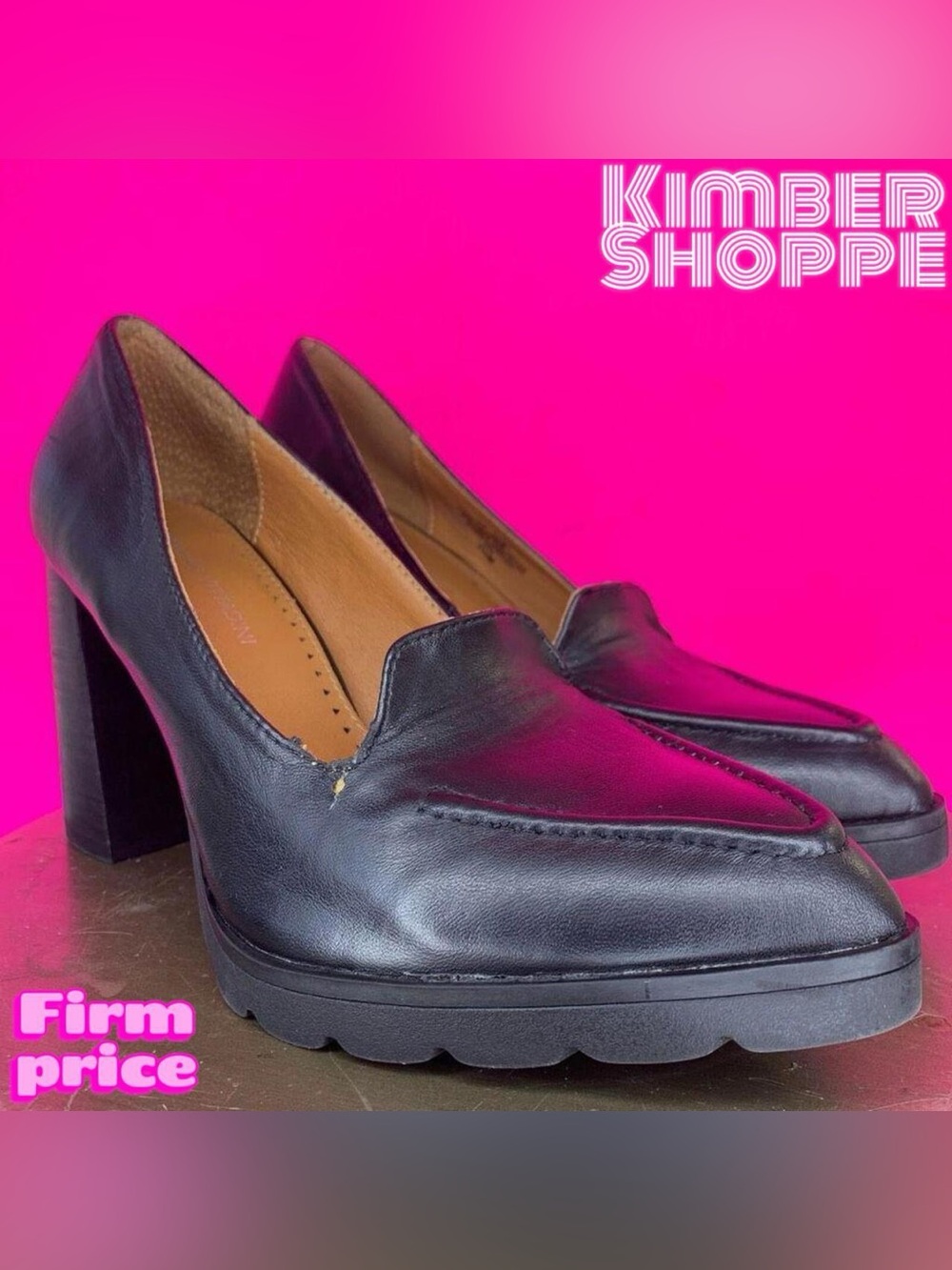 Adrienne Vittandini Nami Black Leather Loafer Pumps US 7.5 UK 5.5 EU 37.5
